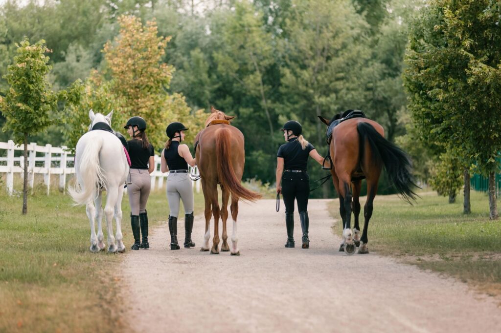 Riders in equestrian clothes holding the reins and leading horse, side view