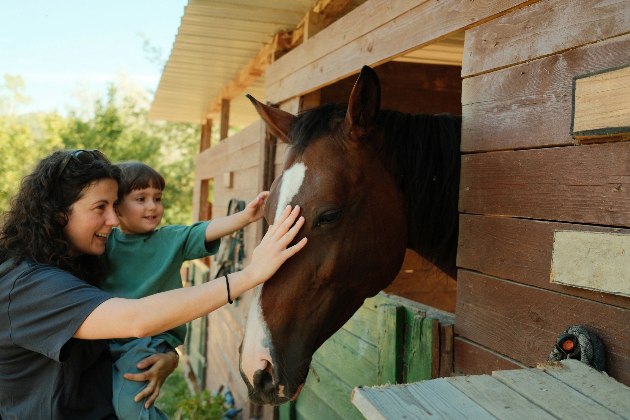 Volunteer helping a child interact with a horse